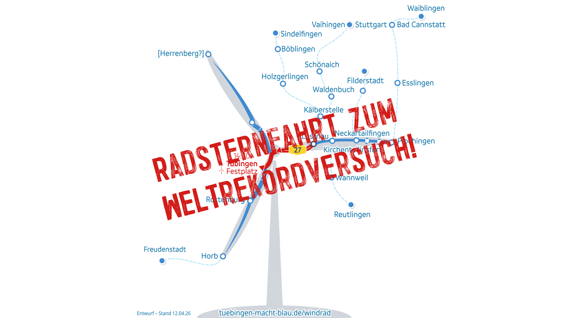 schematische Darstellung der Routen der Radsternfahrt nach Tübingen