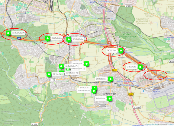 Zählerstandorte zwischen Leinfelden-Echterdingen und Stuttgart entlang der A8
